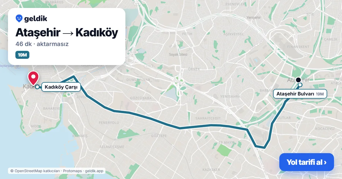 Ataşehir – Kadıköy yol haritası: 19EK otobüsü ile ~45 dk