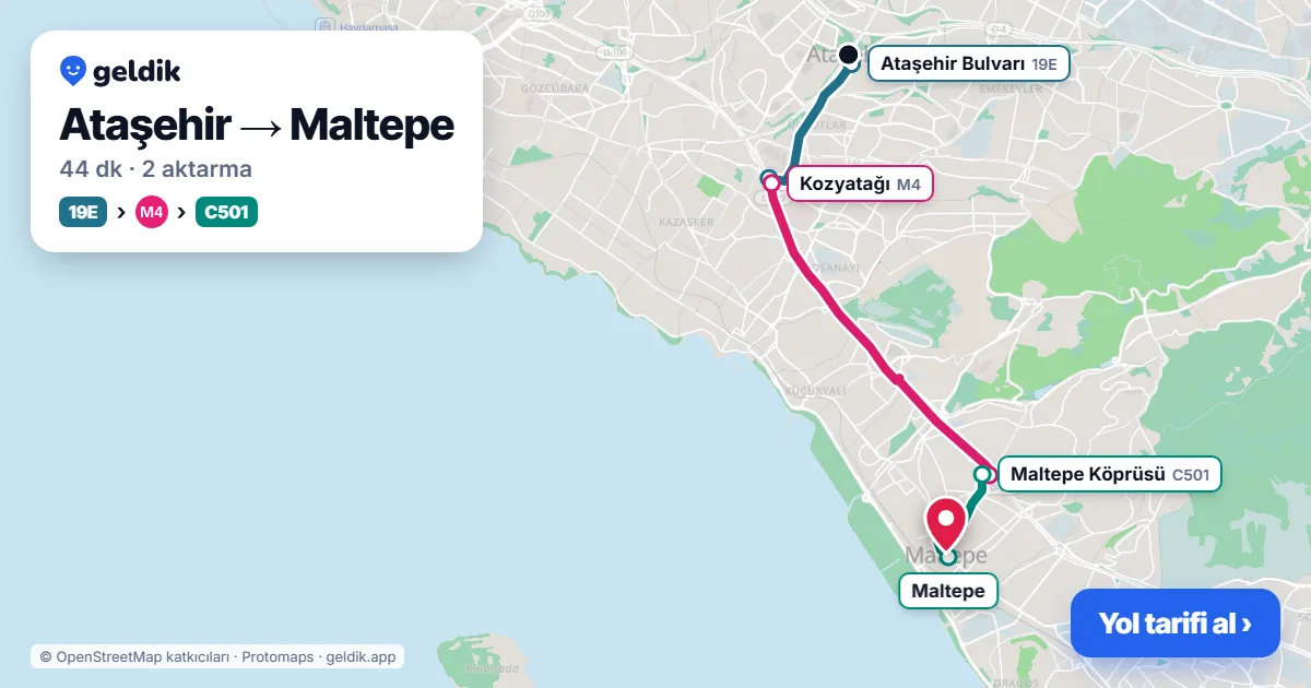 Ataşehir – Maltepe yol haritası: 19M otobüsü → M4 → C501 minibüsü ile ~46 dk