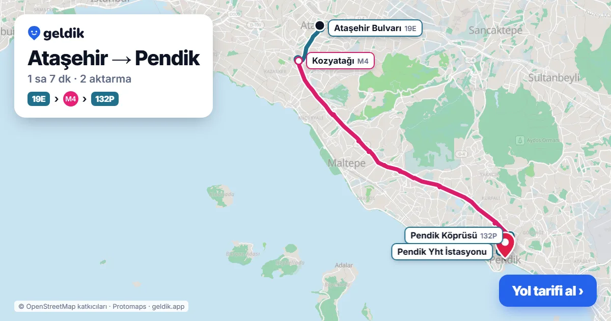 Ataşehir – Pendik yol haritası: 19M otobüsü → M4 → KM13 otobüsü ile ~1 sa 6 dk