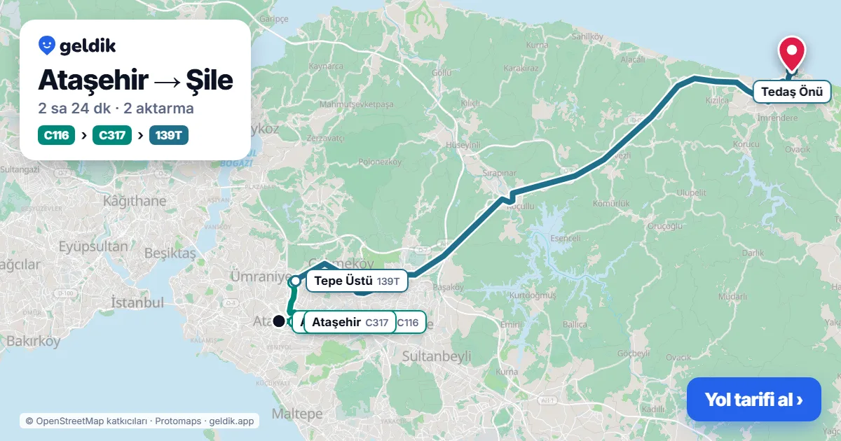 Ataşehir – Şile yol haritası: C116 minibüsü → C317 minibüsü → 139T otobüsü ile ~2 sa 24 dk