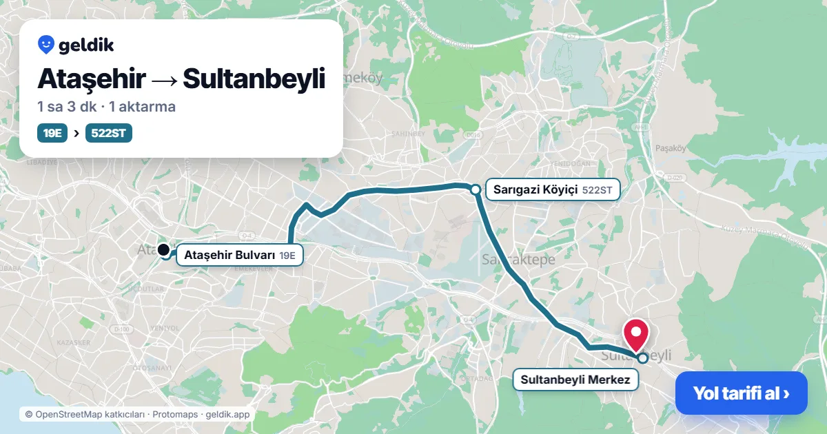 Ataşehir – Sultanbeyli yol haritası: 19E otobüsü → 522ST otobüsü ile ~1 sa 3 dk