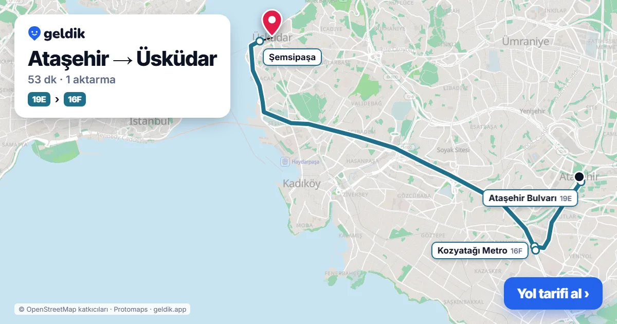 Ataşehir – Üsküdar yol haritası: 19M otobüsü → M4 → Marmaray ile ~51 dk