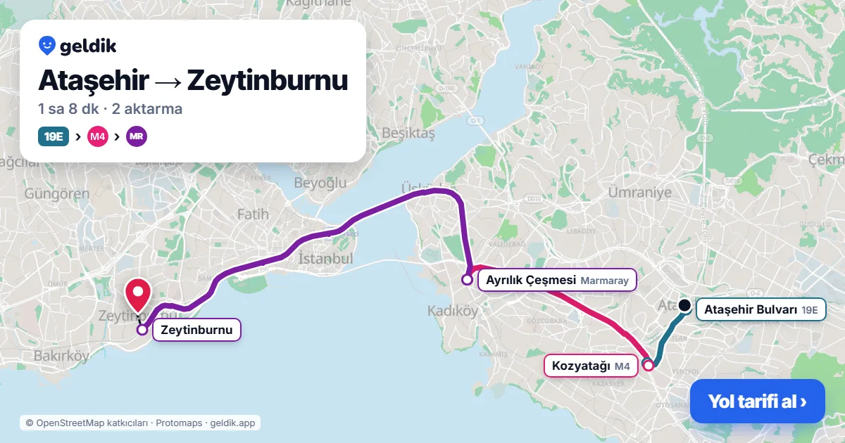 Ataşehir – Zeytinburnu yol haritası: 19M otobüsü → M4 → Marmaray ile ~1 sa 10 dk