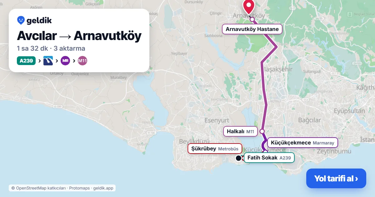 Avcılar – Arnavutköy yol haritası: A239 minibüsü → Metrobüs → Marmaray → M11 ile ~1 sa 32 dk