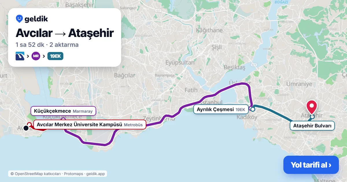 Avcılar – Ataşehir yol haritası: Metrobüs → Marmaray → 19EK otobüsü ile ~1 sa 52 dk