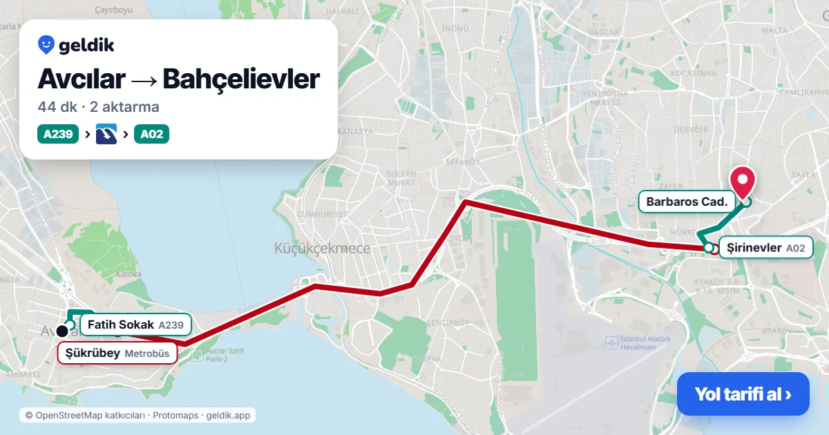 Avcılar – Bahçelievler yol haritası: A239 minibüsü → Metrobüs → A02 minibüsü ile ~44 dk