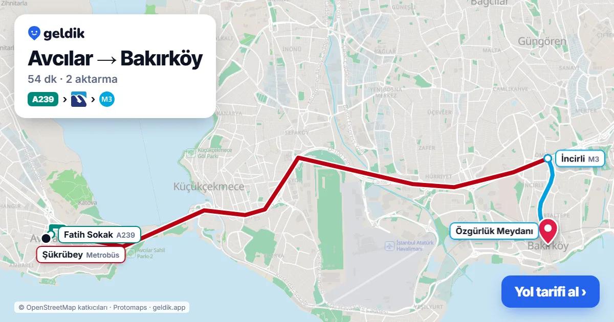 Avcılar – Bakırköy yol haritası: A239 minibüsü → Metrobüs → M3 ile ~54 dk