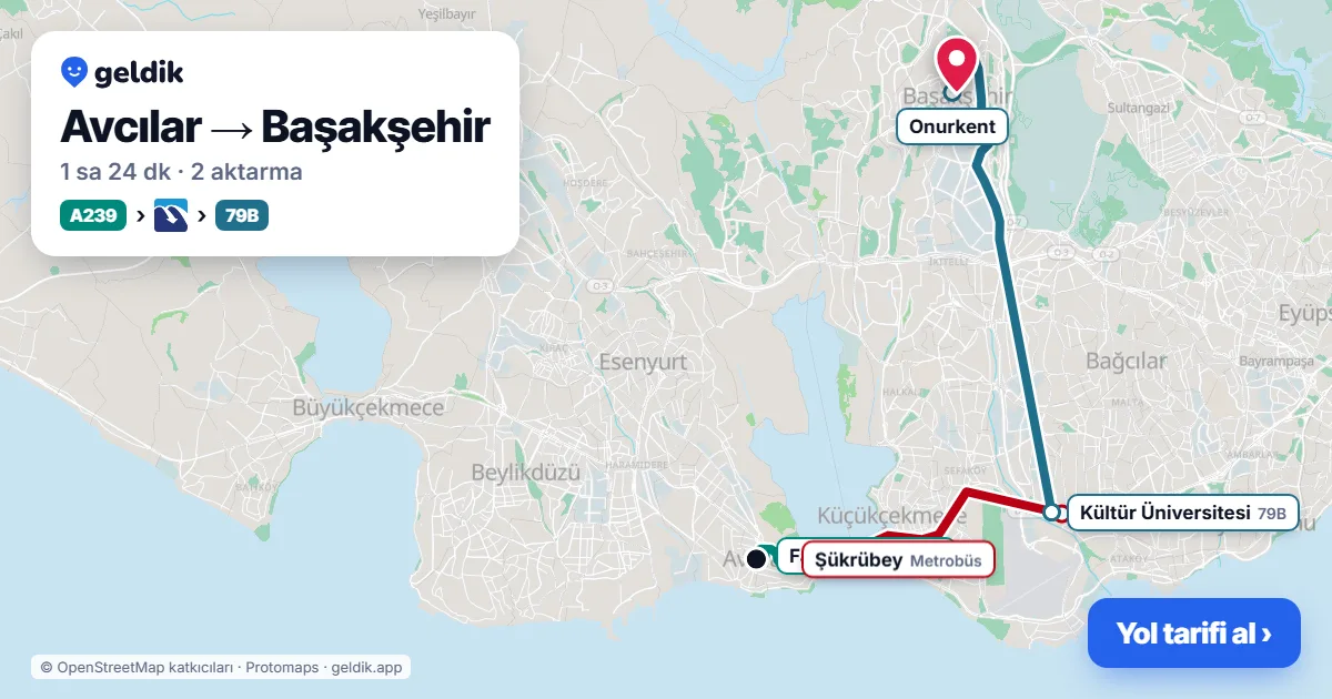 Avcılar – Başakşehir yol haritası: A239 minibüsü → Metrobüs → 79B otobüsü ile ~1 sa 24 dk