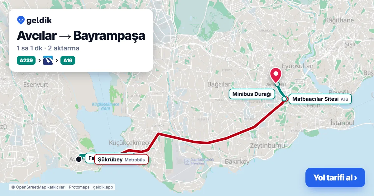 Avcılar – Bayrampaşa yol haritası: A239 minibüsü → Metrobüs → A16 minibüsü ile ~1 sa 1 dk
