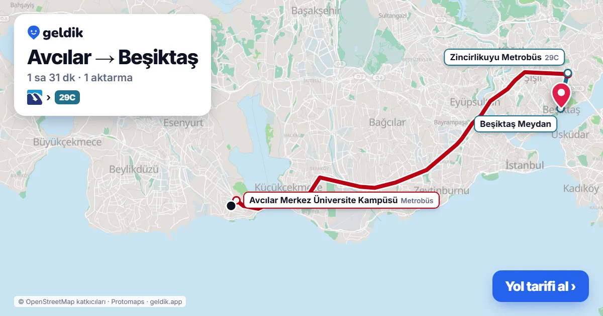 Avcılar – Beşiktaş yol haritası: Metrobüs → 29D otobüsü ile ~1 sa 30 dk