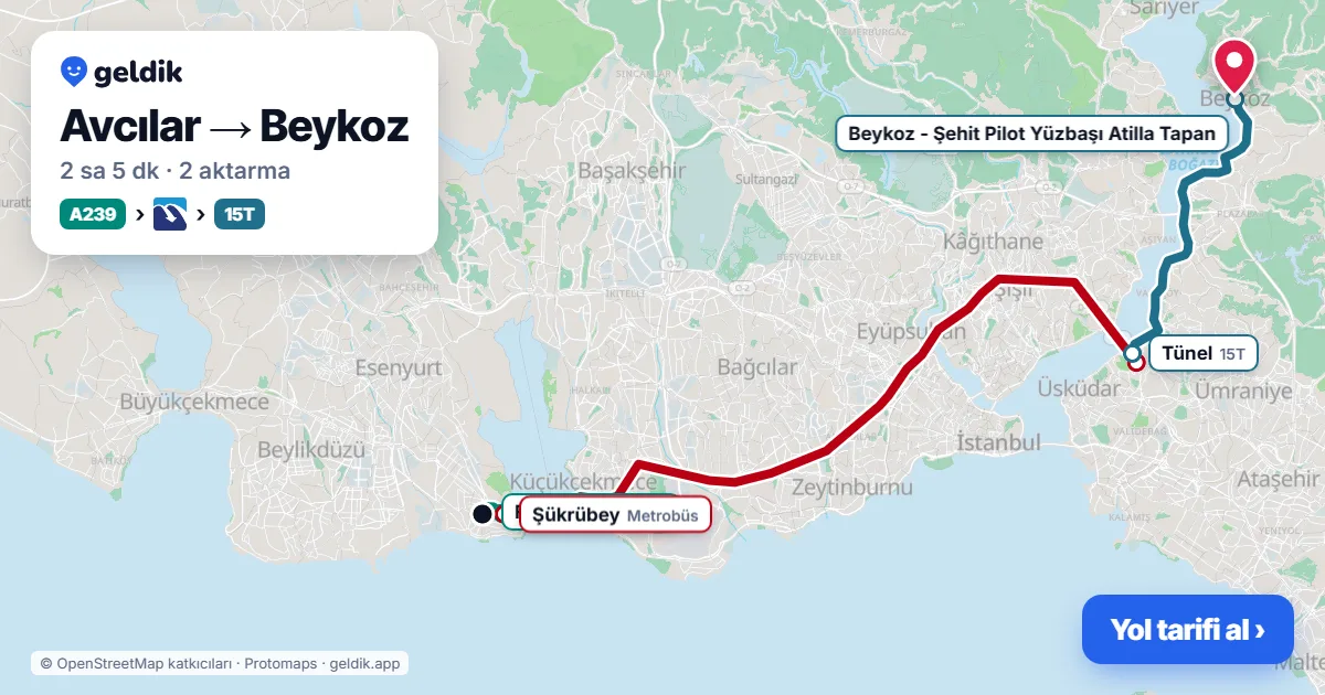 Avcılar – Beykoz yol haritası: A239 minibüsü → Metrobüs → 15T otobüsü ile ~2 sa 5 dk
