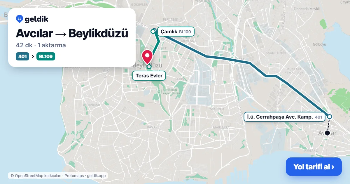 Avcılar – Beylikdüzü yol haritası: 401 otobüsü → BL109 minibüsü ile ~42 dk