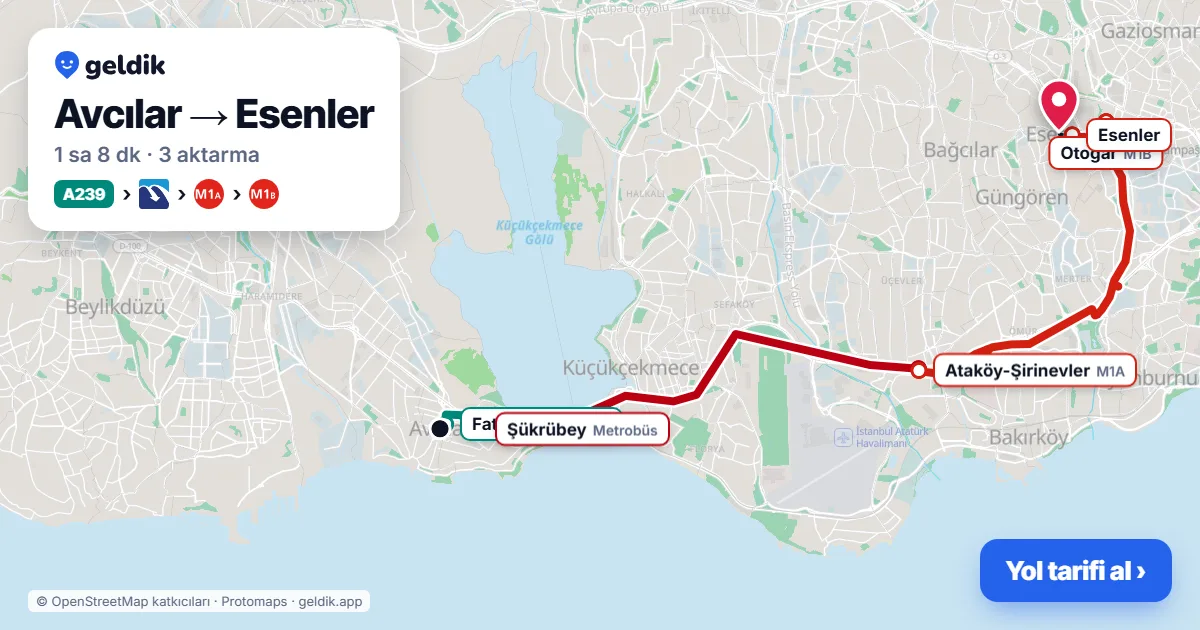 Avcılar – Esenler yol haritası: A239 minibüsü → Metrobüs → M1A → M1B ile ~1 sa 8 dk