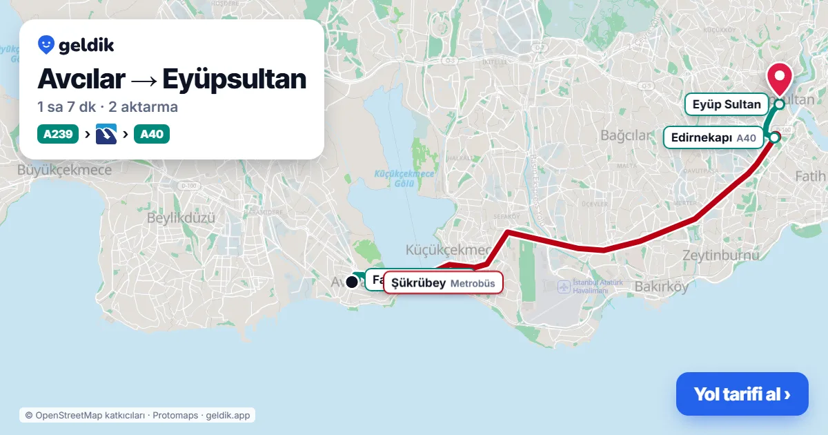 Avcılar – Eyüpsultan yol haritası: A239 minibüsü → Metrobüs → A40 minibüsü ile ~1 sa 7 dk