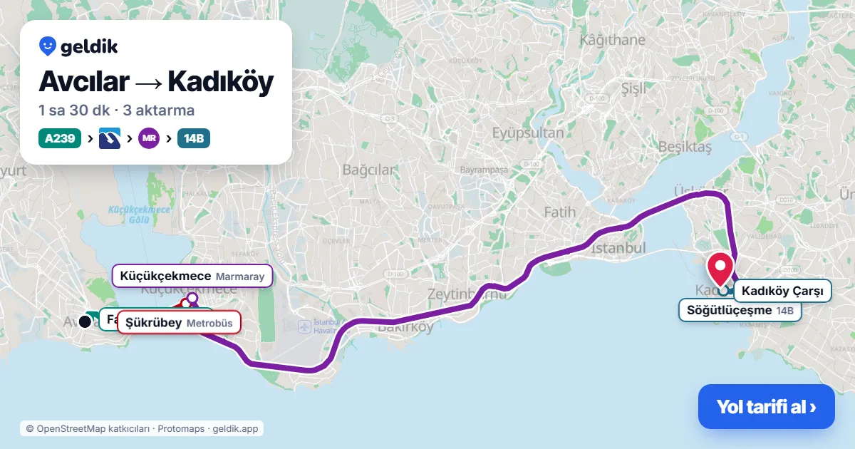 Avcılar – Kadıköy yol haritası: A239 minibüsü → Metrobüs → Marmaray → 14B otobüsü ile ~1 sa 30 dk