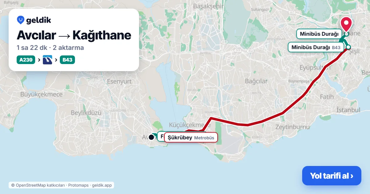 Avcılar – Kağıthane yol haritası: A239 minibüsü → Metrobüs → B43 minibüsü ile ~1 sa 22 dk
