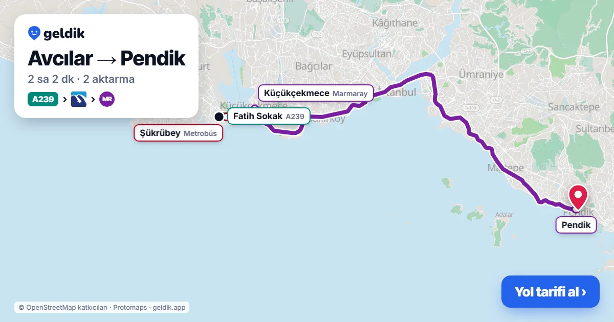 Avcılar – Pendik yol haritası: A239 minibüsü → Metrobüs → Marmaray ile ~2 sa 2 dk