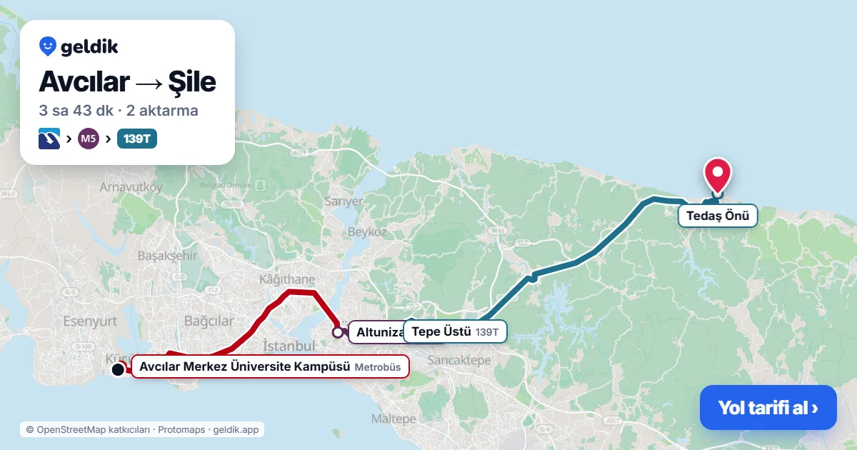 Avcılar – Şile yol haritası: Metrobüs → M5 → 139T otobüsü ile ~3 sa 43 dk