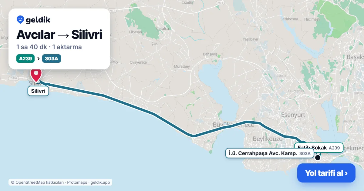 Avcılar – Silivri yol haritası: A239 minibüsü → 303A otobüsü ile ~1 sa 40 dk