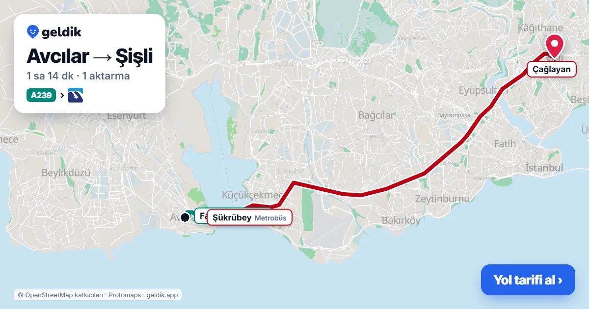 Avcılar – Şişli yol haritası: A239 minibüsü → Metrobüs ile ~1 sa 14 dk
