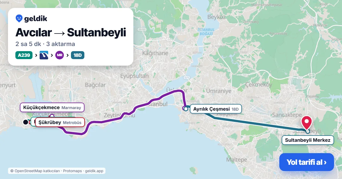 Avcılar – Sultanbeyli yol haritası: A239 minibüsü → Metrobüs → Marmaray → 18D otobüsü ile ~2 sa 5 dk