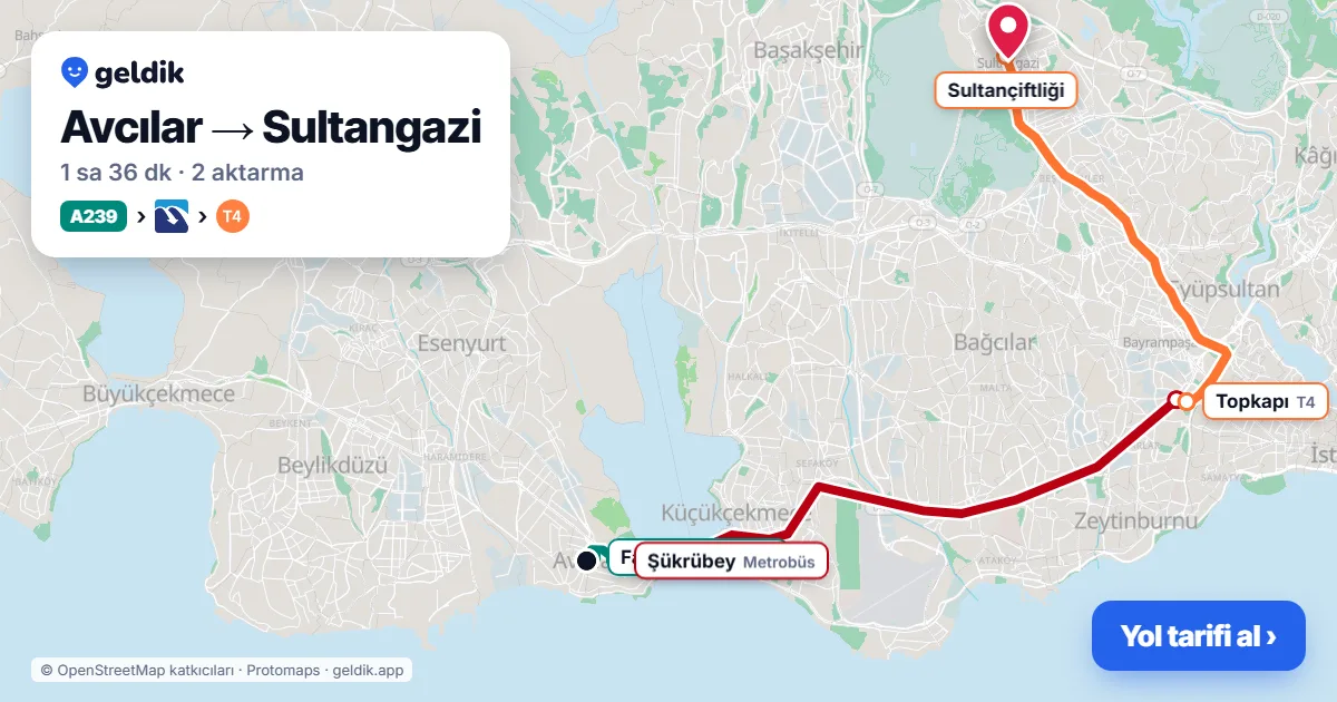 Avcılar – Sultangazi yol haritası: A239 minibüsü → Metrobüs → T4 ile ~1 sa 36 dk
