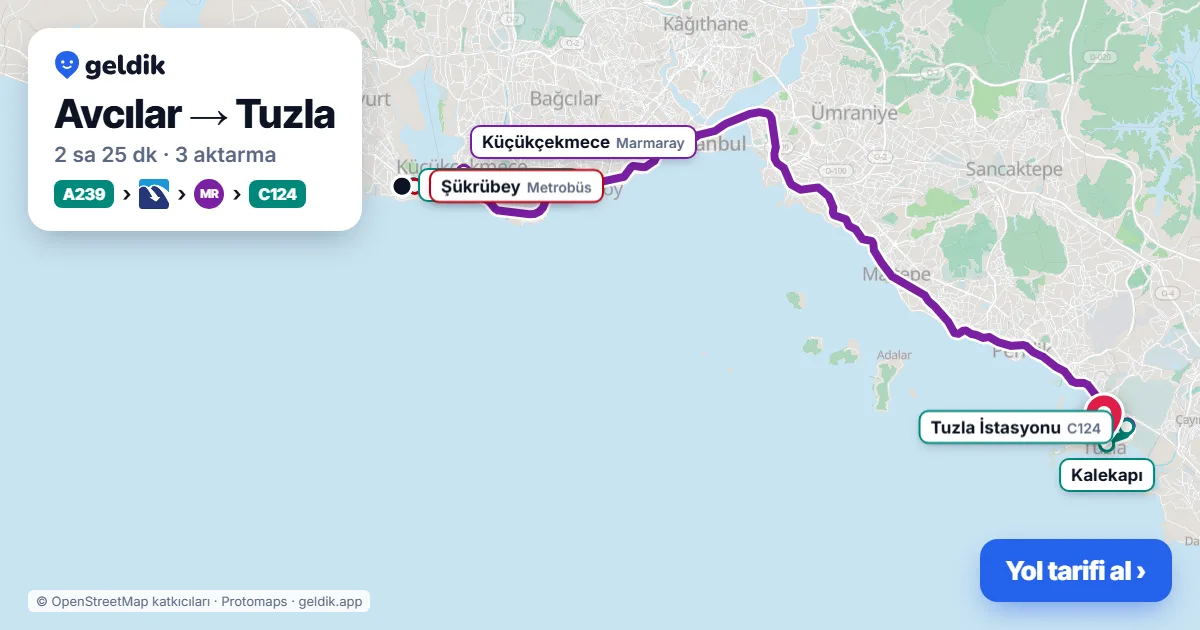 Avcılar – Tuzla yol haritası: A239 minibüsü → Metrobüs → Marmaray → C124 minibüsü ile ~2 sa 25 dk