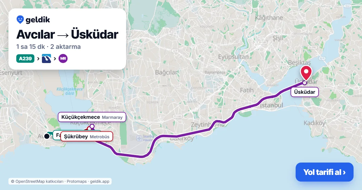 Avcılar – Üsküdar yol haritası: A239 minibüsü → Metrobüs → Marmaray ile ~1 sa 15 dk