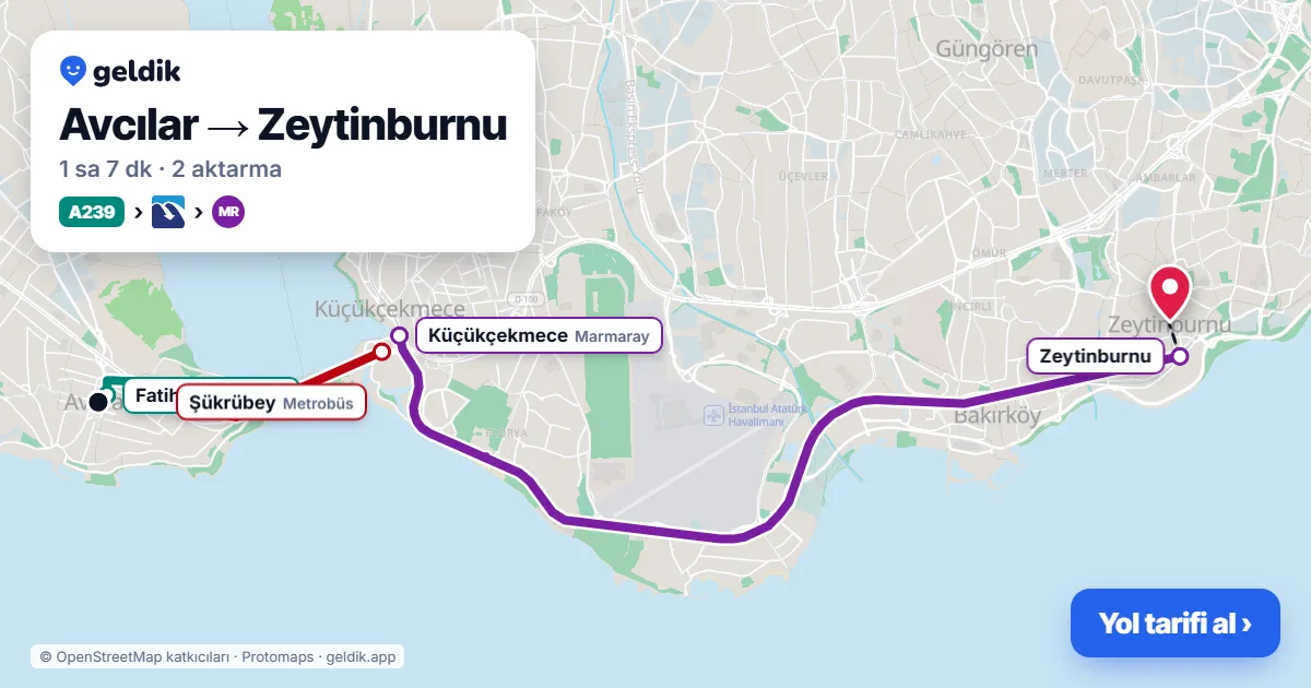 Avcılar – Zeytinburnu yol haritası: A239 minibüsü → Metrobüs → Marmaray ile ~1 sa 7 dk