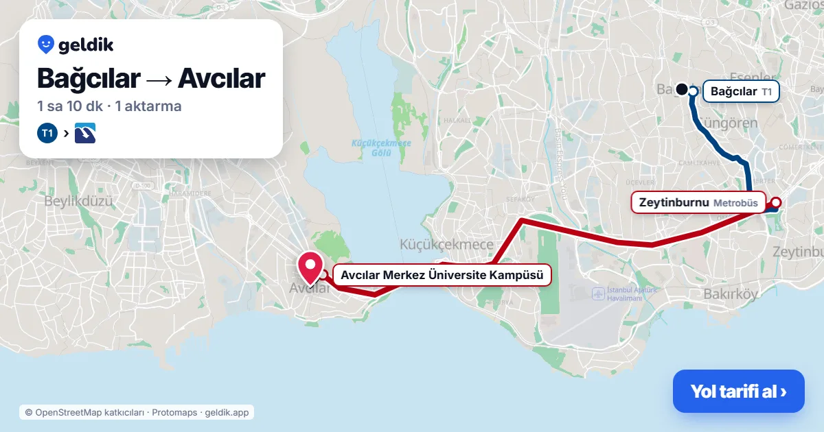 Bağcılar – Avcılar yol haritası: T1 → Metrobüs ile ~1 sa 10 dk