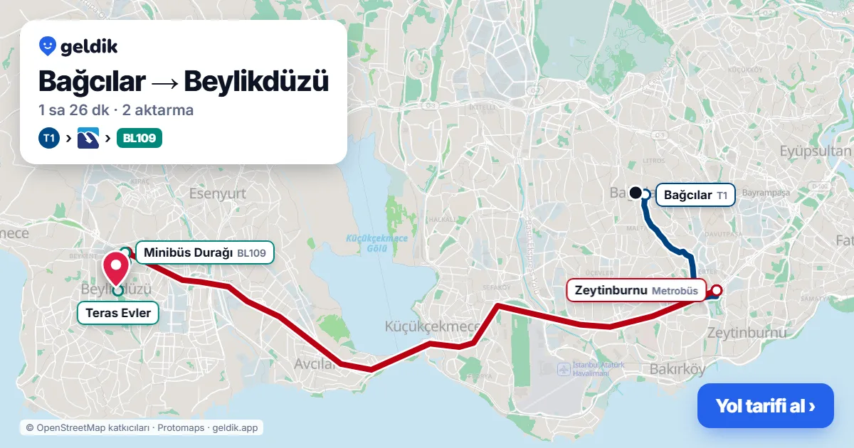 Bağcılar – Beylikdüzü yol haritası: T1 → Metrobüs → BL109 minibüsü ile ~1 sa 26 dk