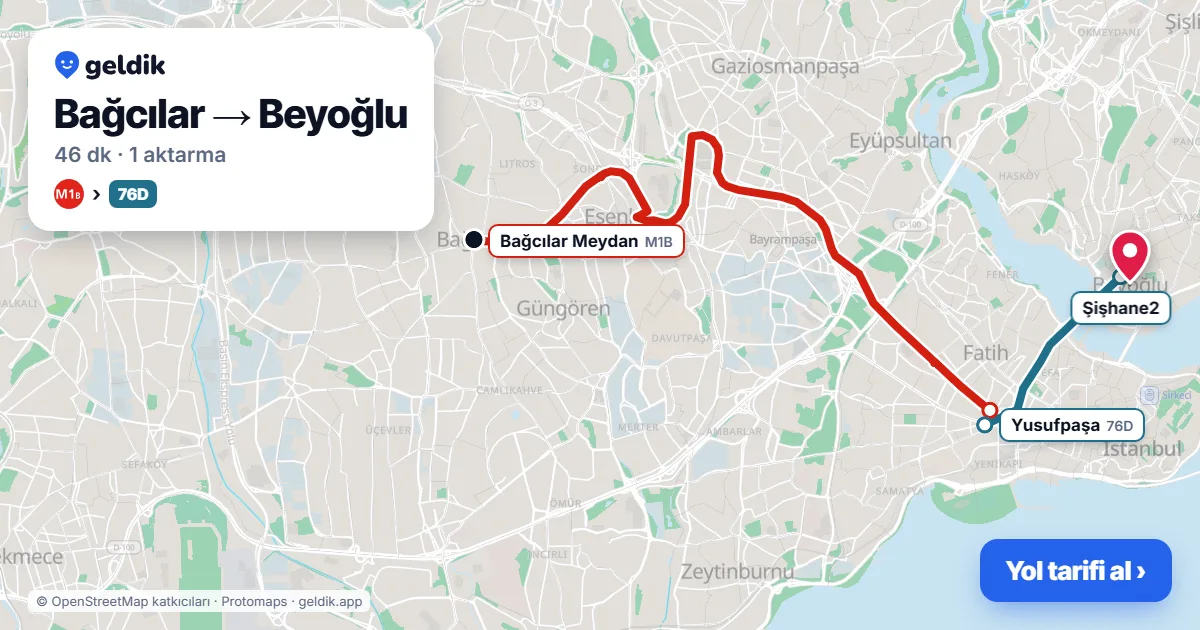 Bağcılar – Beyoğlu yol haritası: M1B → 76D otobüsü ile ~46 dk