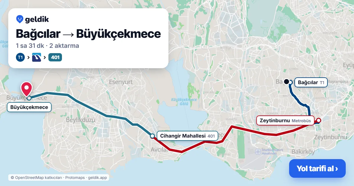Bağcılar – Büyükçekmece yol haritası: T1 → Metrobüs → 401 otobüsü ile ~1 sa 31 dk