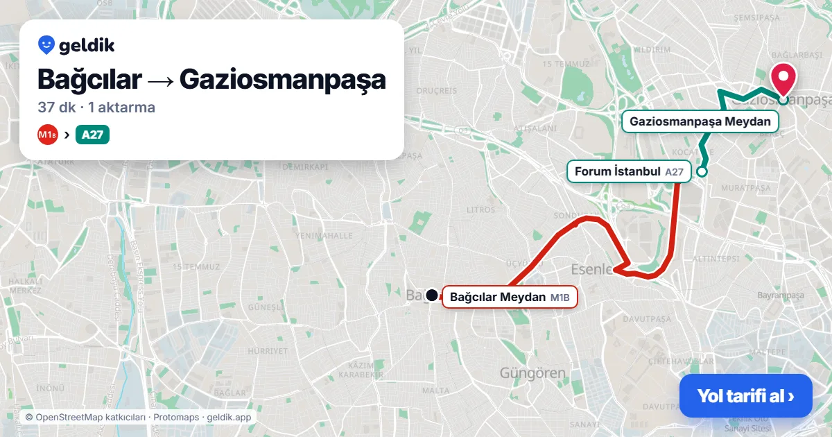 Bağcılar – Gaziosmanpaşa yol haritası: M1B → A27 minibüsü ile ~37 dk