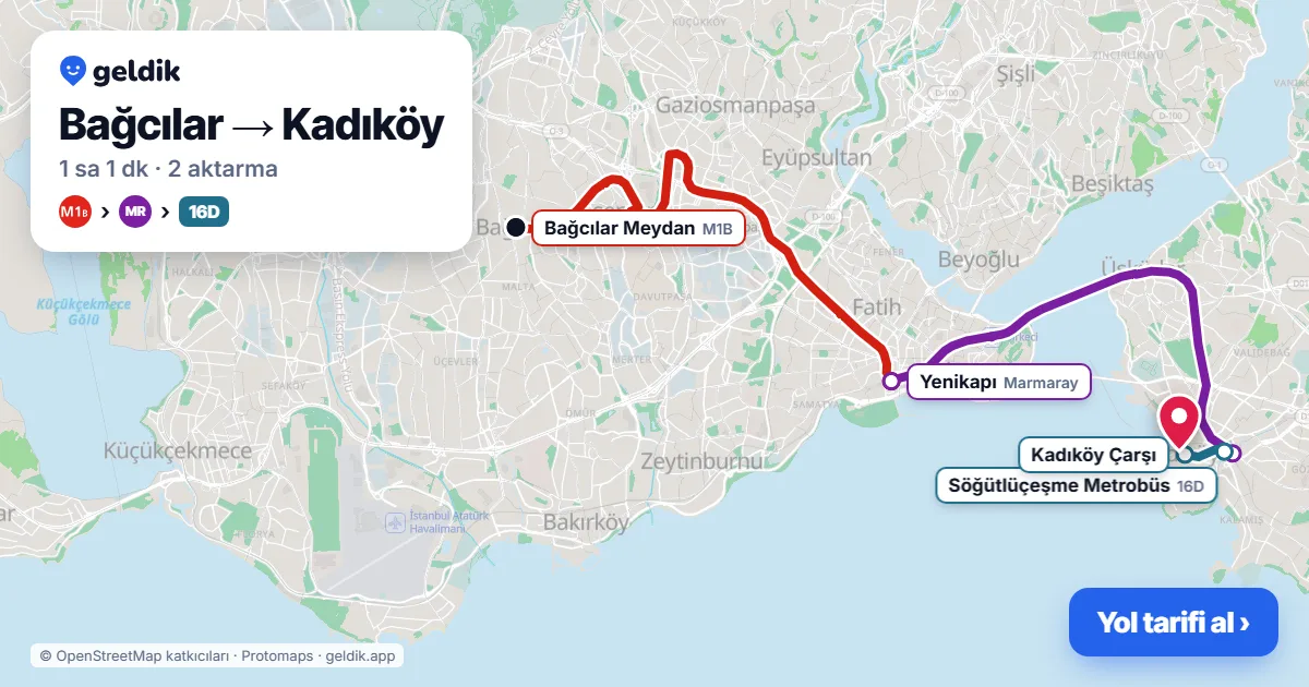 Bağcılar – Kadıköy yol haritası: M1B → Marmaray → 16D otobüsü ile ~1 sa 1 dk