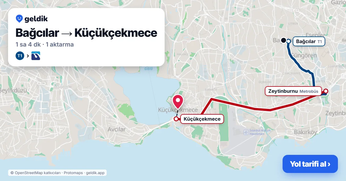 Bağcılar – Küçükçekmece yol haritası: T1 → Metrobüs ile ~1 sa 4 dk