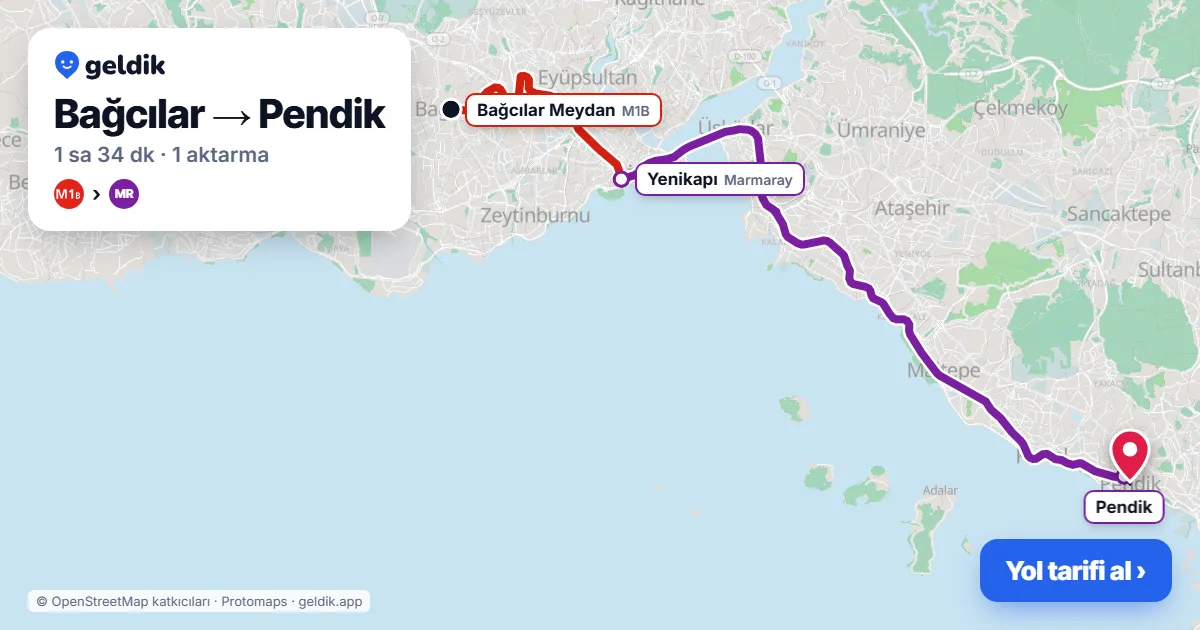 Bağcılar – Pendik yol haritası: M1B → Marmaray ile ~1 sa 34 dk