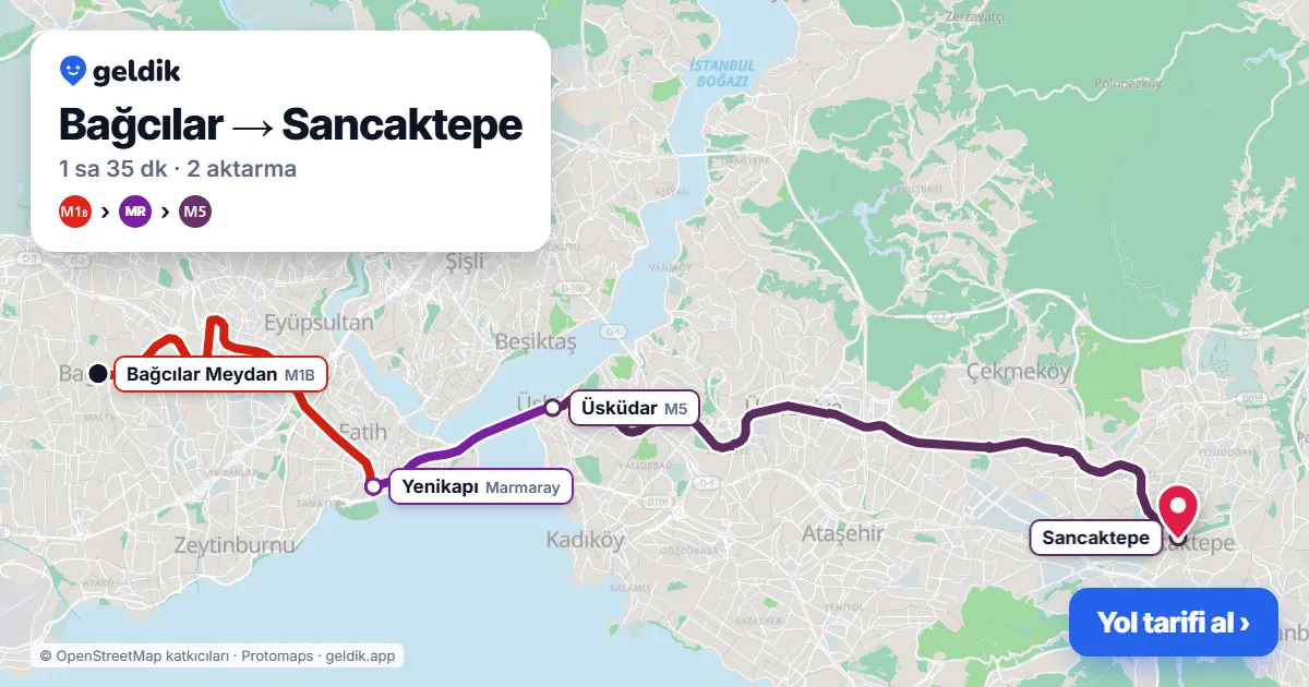 Bağcılar – Sancaktepe yol haritası: M1B → Marmaray → M5 ile ~1 sa 35 dk