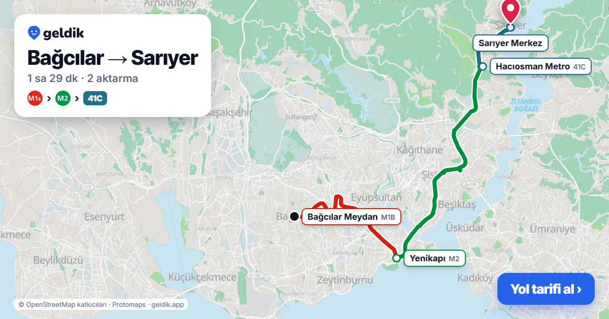 Bağcılar – Sarıyer yol haritası: M1B → M2 → 41SF otobüsü ile ~1 sa 30 dk