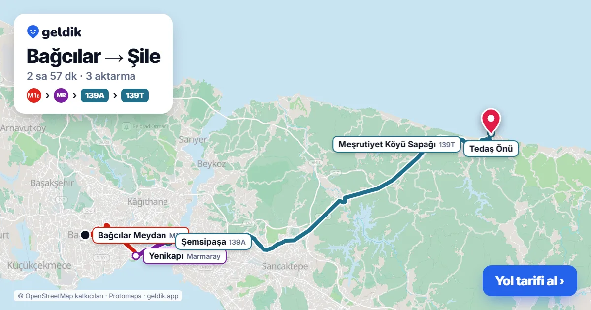 Bağcılar – Şile yol haritası: M1B → Marmaray → 139A otobüsü → 139T otobüsü ile ~2 sa 57 dk