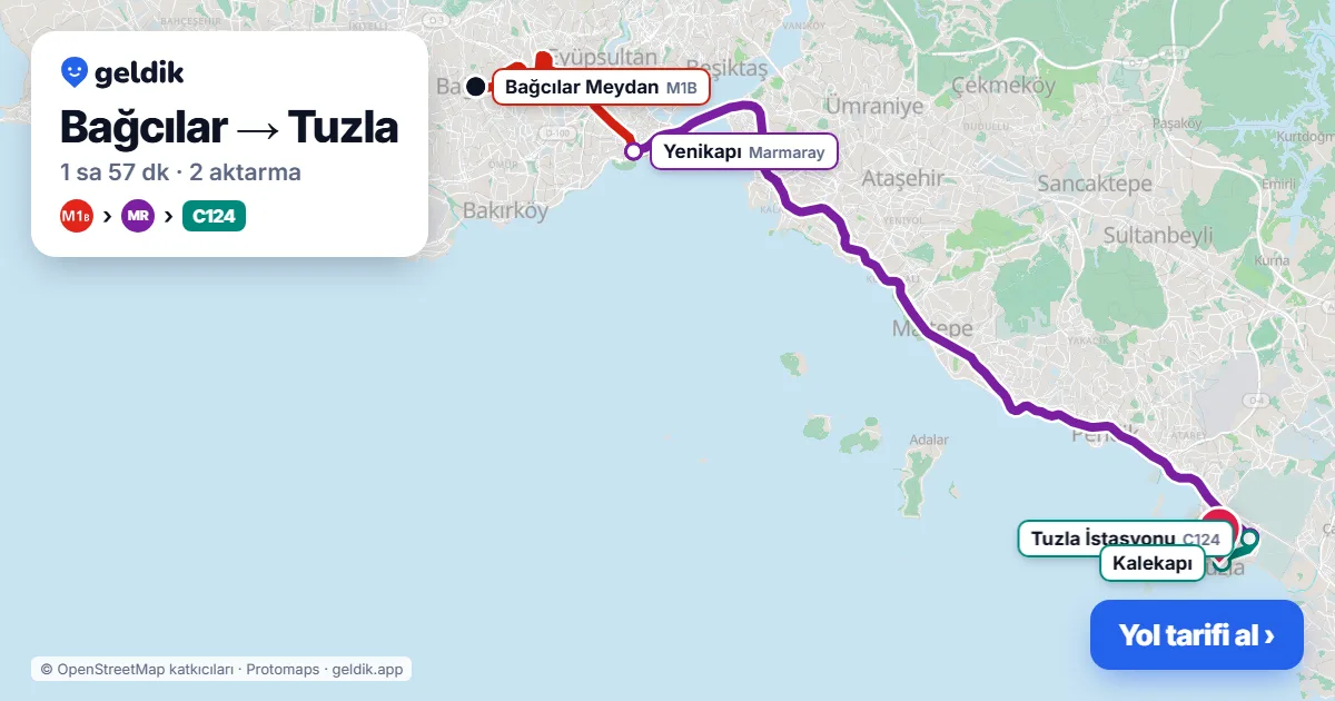 Bağcılar – Tuzla yol haritası: M1B → Marmaray → C124 minibüsü ile ~1 sa 57 dk