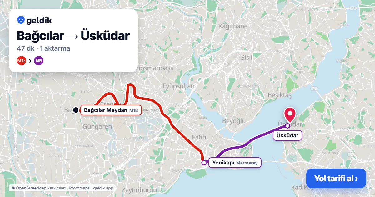 Bağcılar – Üsküdar yol haritası: M1B → Marmaray ile ~47 dk