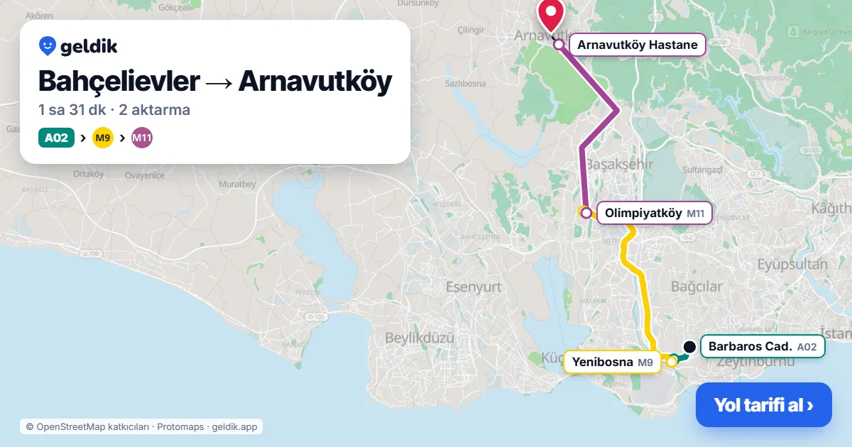 Bahçelievler – Arnavutköy yol haritası: A02 minibüsü → M9 → M11 ile ~1 sa 31 dk