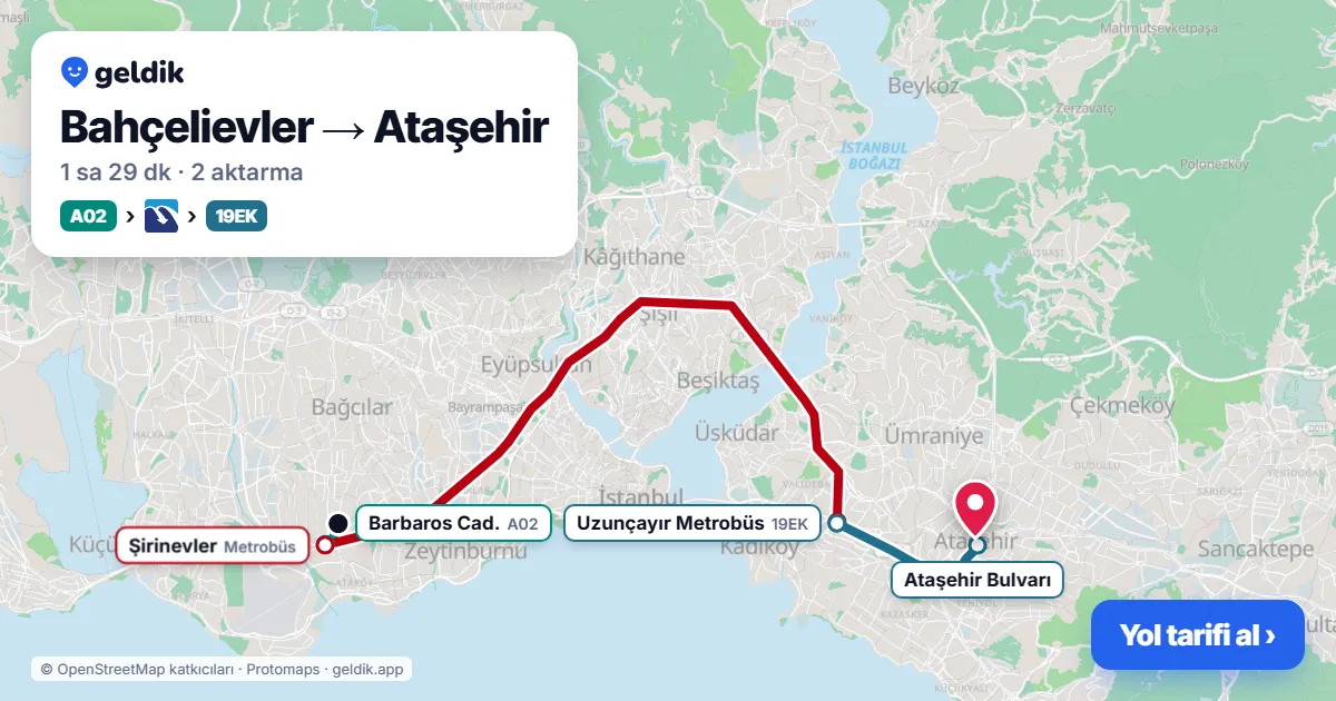 Bahçelievler – Ataşehir yol haritası: A02 minibüsü → Metrobüs → 19EK otobüsü ile ~1 sa 29 dk