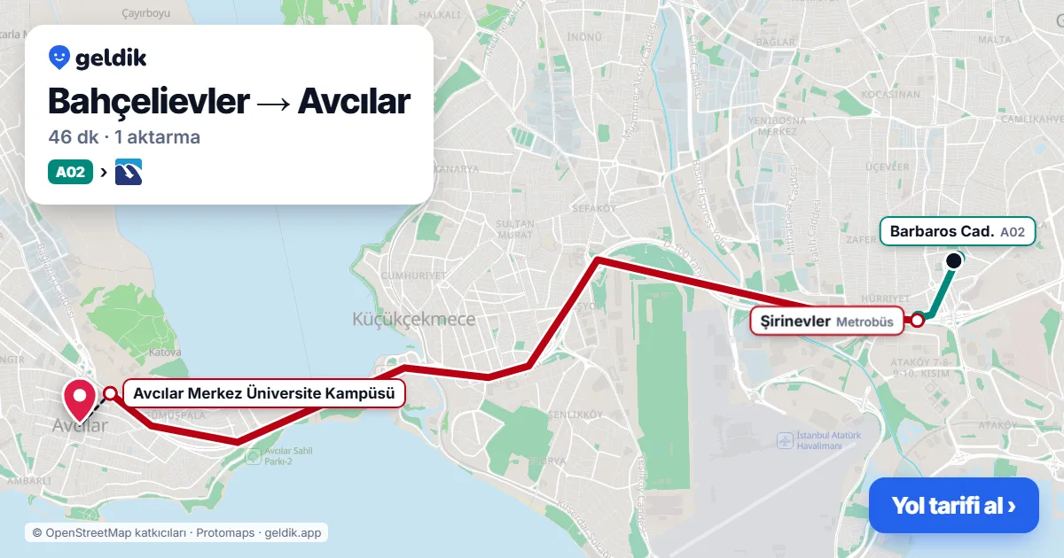 Bahçelievler – Avcılar yol haritası: A02 minibüsü → Metrobüs ile ~46 dk