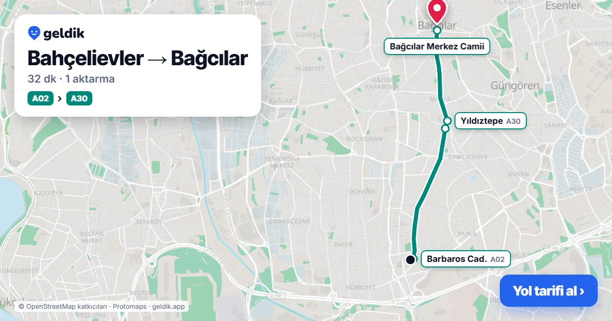 Bahçelievler – Bağcılar yol haritası: A02 minibüsü → A30 minibüsü ile ~32 dk