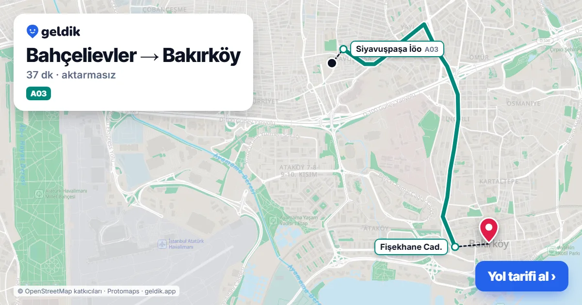Bahçelievler – Bakırköy yol haritası: A03 minibüsü ile ~37 dk