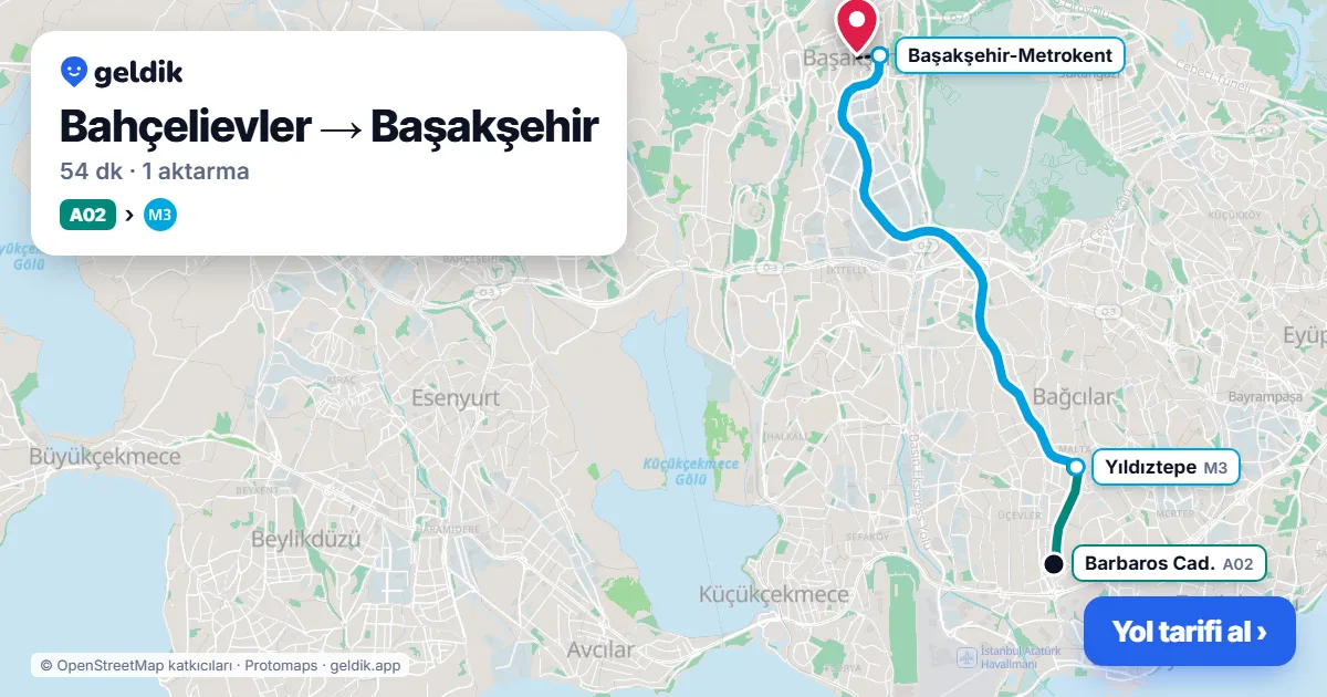 Bahçelievler – Başakşehir yol haritası: A02 minibüsü → M3 ile ~54 dk