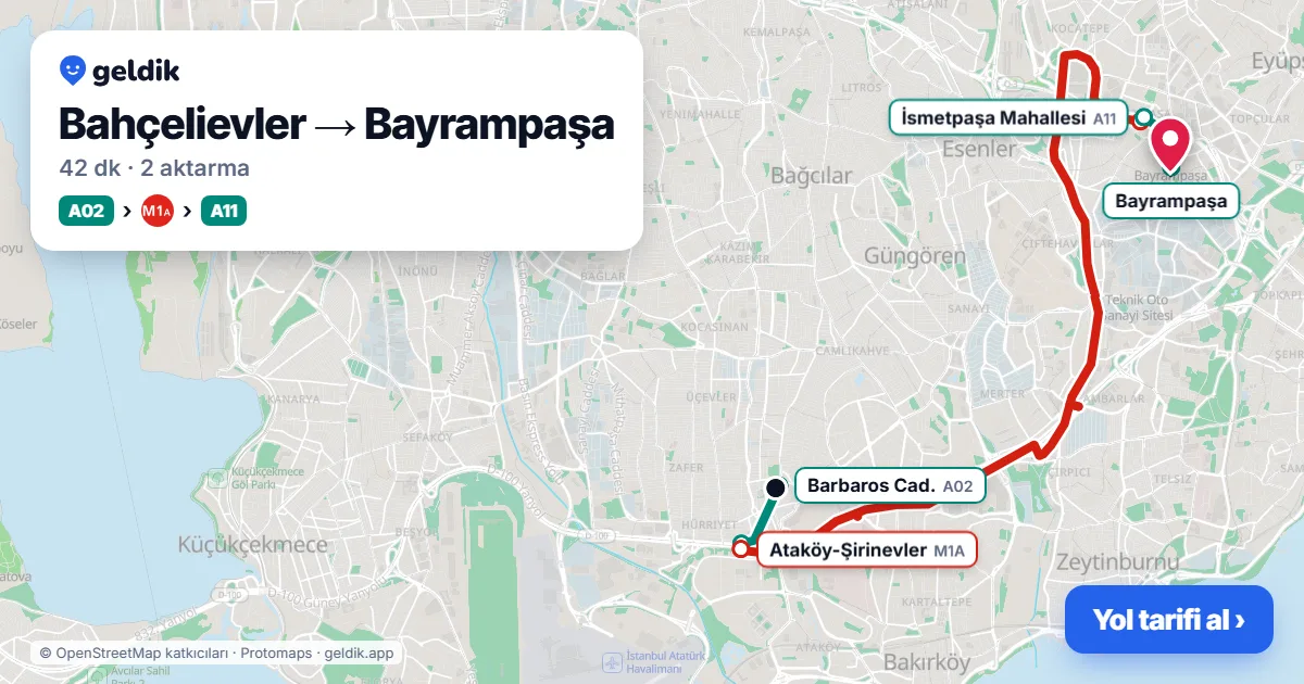 Bahçelievler – Bayrampaşa yol haritası: A02 minibüsü → M1A → A11 minibüsü ile ~42 dk