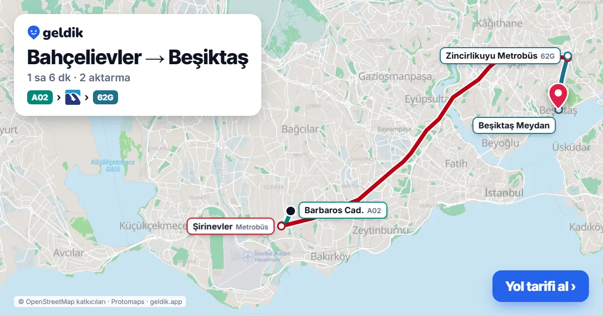 Bahçelievler – Beşiktaş yol haritası: A02 minibüsü → Metrobüs → 62G otobüsü ile ~1 sa 6 dk